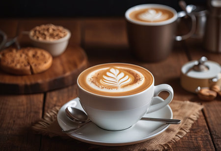 he cappuccino cup with a tall layer of foam stands before you. The aroma of coffee fills the room, promising an invigorating start to the day.の素材