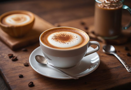 he cappuccino cup with a tall layer of foam stands before you. The aroma of coffee fills the room, promising an invigorating start to the day.の素材