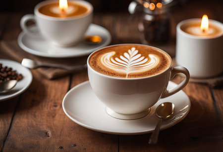 he cappuccino cup with a tall layer of foam stands before you. The aroma of coffee fills the room, promising an invigorating start to the day.の素材