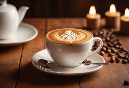 he cappuccino cup with a tall layer of foam stands before you. The aroma of coffee fills the room, promising an invigorating start to the day.の素材
