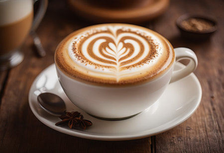 he cappuccino cup with a tall layer of foam stands before you. The aroma of coffee fills the room, promising an invigorating start to the day.の素材