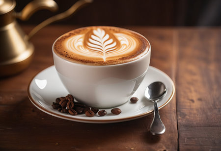 he cappuccino cup with a tall layer of foam stands before you. The aroma of coffee fills the room, promising an invigorating start to the day.の素材