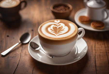 he cappuccino cup with a tall layer of foam stands before you. The aroma of coffee fills the room, promising an invigorating start to the day.の素材
