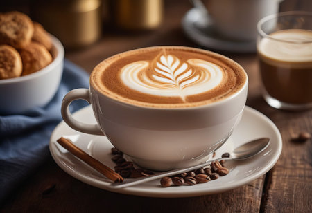 he cappuccino cup with a tall layer of foam stands before you. The aroma of coffee fills the room, promising an invigorating start to the day.の素材