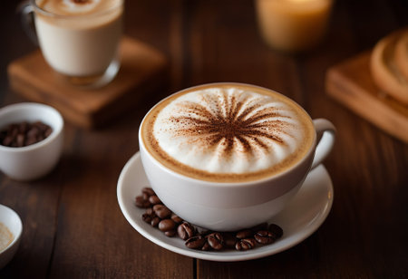 he cappuccino cup with a tall layer of foam stands before you. The aroma of coffee fills the room, promising an invigorating start to the day.の素材