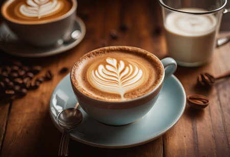 he cappuccino cup with a tall layer of foam stands before you. The aroma of coffee fills the room, promising an invigorating start to the day.の素材