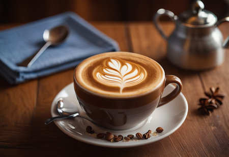 he cappuccino cup with a tall layer of foam stands before you. The aroma of coffee fills the room, promising an invigorating start to the day.の素材