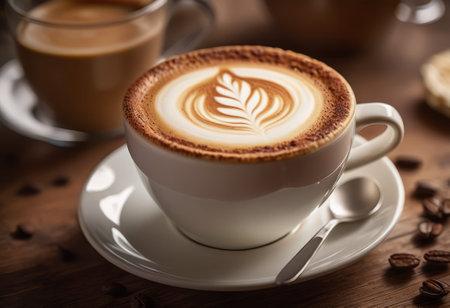 he cappuccino cup with a tall layer of foam stands before you. The aroma of coffee fills the room, promising an invigorating start to the day.の素材