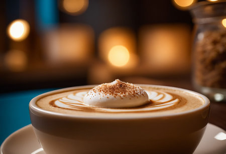 he cappuccino cup with a tall layer of foam stands before you. The aroma of coffee fills the room, promising an invigorating start to the day.の素材