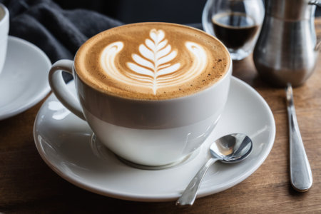 he cappuccino cup with a tall layer of foam stands before you. The aroma of coffee fills the room, promising an invigorating start to the day.の素材
