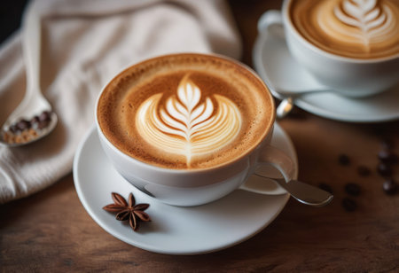 he cappuccino cup with a tall layer of foam stands before you. The aroma of coffee fills the room, promising an invigorating start to the day.の素材