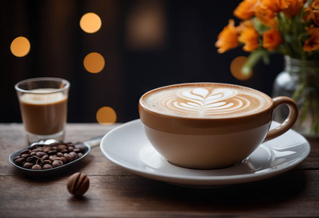 he cappuccino cup with a tall layer of foam stands before you. The aroma of coffee fills the room, promising an invigorating start to the day.の素材