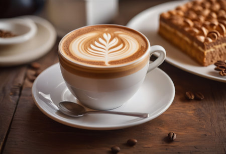 he cappuccino cup with a tall layer of foam stands before you. The aroma of coffee fills the room, promising an invigorating start to the day.の素材