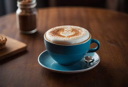 he cappuccino cup with a tall layer of foam stands before you. The aroma of coffee fills the room, promising an invigorating start to the day.の素材