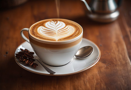 he cappuccino cup with a tall layer of foam stands before you. The aroma of coffee fills the room, promising an invigorating start to the day.の素材