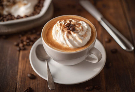 he cappuccino cup with a tall layer of foam stands before you. The aroma of coffee fills the room, promising an invigorating start to the day.の素材