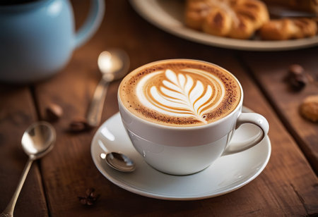 he cappuccino cup with a tall layer of foam stands before you. The aroma of coffee fills the room, promising an invigorating start to the day.の素材