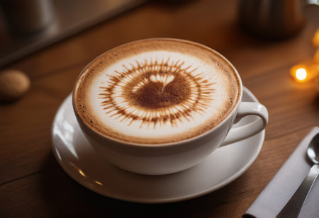he cappuccino cup with a tall layer of foam stands before you. The aroma of coffee fills the room, promising an invigorating start to the day.の素材