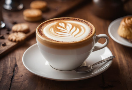 he cappuccino cup with a tall layer of foam stands before you. The aroma of coffee fills the room, promising an invigorating start to the day.の素材