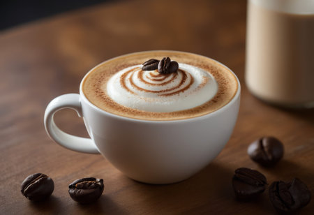 he cappuccino cup with a tall layer of foam stands before you. The aroma of coffee fills the room, promising an invigorating start to the day.の素材