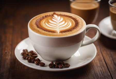 he cappuccino cup with a tall layer of foam stands before you. The aroma of coffee fills the room, promising an invigorating start to the day.の素材