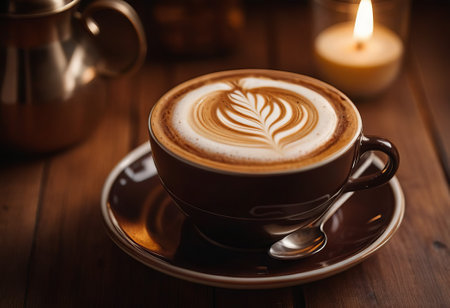 he cappuccino cup with a tall layer of foam stands before you. The aroma of coffee fills the room, promising an invigorating start to the day.の素材