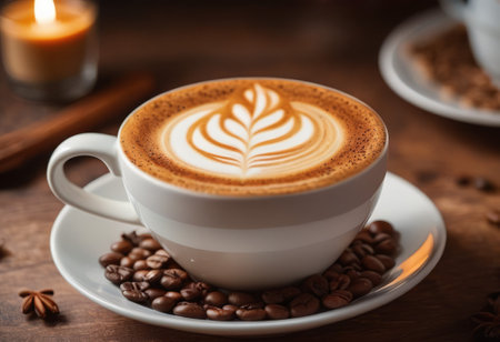 he cappuccino cup with a tall layer of foam stands before you. The aroma of coffee fills the room, promising an invigorating start to the day.の素材