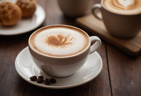 he cappuccino cup with a tall layer of foam stands before you. The aroma of coffee fills the room, promising an invigorating start to the day.の素材