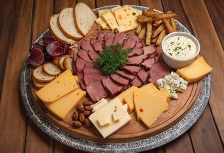 A rustic wooden board showcases the mouthwatering combination of thinly sliced smoked meat and assorted cheeses. The vibrant colors and textures create a visually appealing arrangement, perfect for a charcuterie spread or as an appetizing accompaniment to wine.の素材