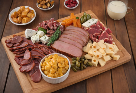A rustic wooden board showcases the mouthwatering combination of thinly sliced smoked meat and assorted cheeses. The vibrant colors and textures create a visually appealing arrangement, perfect for a charcuterie spread or as an appetizing accompaniment to wine.の素材