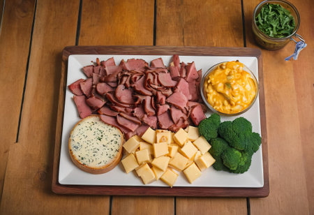 A rustic wooden board showcases the mouthwatering combination of thinly sliced smoked meat and assorted cheeses. The vibrant colors and textures create a visually appealing arrangement, perfect for a charcuterie spread or as an appetizing accompaniment to wine.の素材