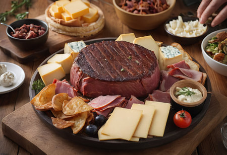 A rustic wooden board showcases the mouthwatering combination of thinly sliced smoked meat and assorted cheeses. The vibrant colors and textures create a visually appealing arrangement, perfect for a charcuterie spread or as an appetizing accompaniment to wine.の素材