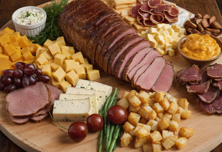 A rustic wooden board showcases the mouthwatering combination of thinly sliced smoked meat and assorted cheeses. The vibrant colors and textures create a visually appealing arrangement, perfect for a charcuterie spread or as an appetizing accompaniment to wine.の素材