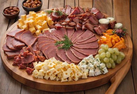 A rustic wooden board showcases the mouthwatering combination of thinly sliced smoked meat and assorted cheeses. The vibrant colors and textures create a visually appealing arrangement, perfect for a charcuterie spread or as an appetizing accompaniment to wine.の素材