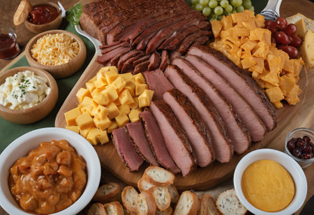 A rustic wooden board showcases the mouthwatering combination of thinly sliced smoked meat and assorted cheeses. The vibrant colors and textures create a visually appealing arrangement, perfect for a charcuterie spread or as an appetizing accompaniment to wine.の素材