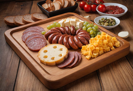 A rustic wooden board showcases the mouthwatering combination of thinly sliced smoked meat and assorted cheeses. The vibrant colors and textures create a visually appealing arrangement, perfect for a charcuterie spread or as an appetizing accompaniment to wine.の素材