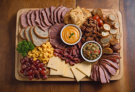 A rustic wooden board showcases the mouthwatering combination of thinly sliced smoked meat and assorted cheeses. The vibrant colors and textures create a visually appealing arrangement, perfect for a charcuterie spread or as an appetizing accompaniment to wine.の素材