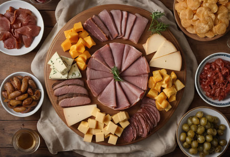 A rustic wooden board showcases the mouthwatering combination of thinly sliced smoked meat and assorted cheeses. The vibrant colors and textures create a visually appealing arrangement, perfect for a charcuterie spread or as an appetizing accompaniment to wine.の素材