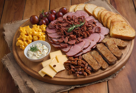 A rustic wooden board showcases the mouthwatering combination of thinly sliced smoked meat and assorted cheeses. The vibrant colors and textures create a visually appealing arrangement, perfect for a charcuterie spread or as an appetizing accompaniment to wine.の素材