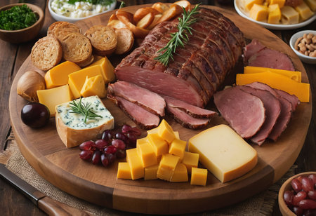 A rustic wooden board showcases the mouthwatering combination of thinly sliced smoked meat and assorted cheeses. The vibrant colors and textures create a visually appealing arrangement, perfect for a charcuterie spread or as an appetizing accompaniment to wine.の素材