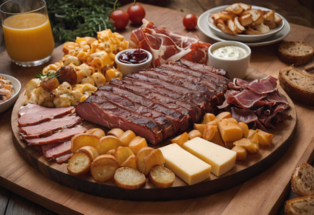 A rustic wooden board showcases the mouthwatering combination of thinly sliced smoked meat and assorted cheeses. The vibrant colors and textures create a visually appealing arrangement, perfect for a charcuterie spread or as an appetizing accompaniment to wine.の素材