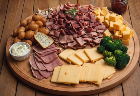A rustic wooden board showcases the mouthwatering combination of thinly sliced smoked meat and assorted cheeses. The vibrant colors and textures create a visually appealing arrangement, perfect for a charcuterie spread or as an appetizing accompaniment to wine.の素材