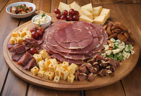 A rustic wooden board showcases the mouthwatering combination of thinly sliced smoked meat and assorted cheeses. The vibrant colors and textures create a visually appealing arrangement, perfect for a charcuterie spread or as an appetizing accompaniment to wine.の素材