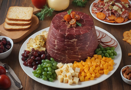 A rustic wooden board showcases the mouthwatering combination of thinly sliced smoked meat and assorted cheeses. The vibrant colors and textures create a visually appealing arrangement, perfect for a charcuterie spread or as an appetizing accompaniment to wine.の素材
