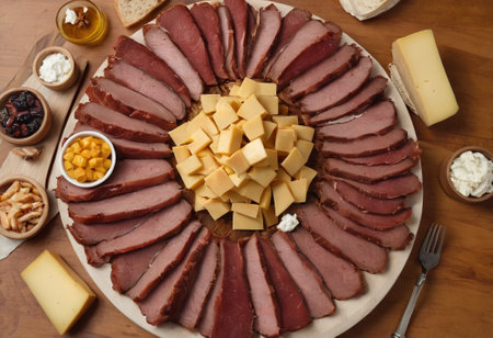 A rustic wooden board showcases the mouthwatering combination of thinly sliced smoked meat and assorted cheeses. The vibrant colors and textures create a visually appealing arrangement, perfect for a charcuterie spread or as an appetizing accompaniment to wine.の素材