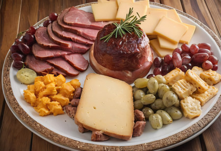 A rustic wooden board showcases the mouthwatering combination of thinly sliced smoked meat and assorted cheeses. The vibrant colors and textures create a visually appealing arrangement, perfect for a charcuterie spread or as an appetizing accompaniment to wine.の素材