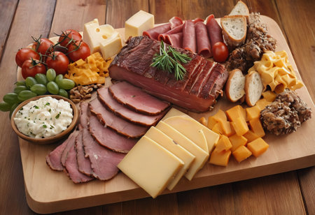 A rustic wooden board showcases the mouthwatering combination of thinly sliced smoked meat and assorted cheeses. The vibrant colors and textures create a visually appealing arrangement, perfect for a charcuterie spread or as an appetizing accompaniment to wine.の素材