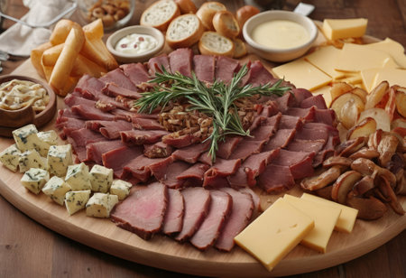 A rustic wooden board showcases the mouthwatering combination of thinly sliced smoked meat and assorted cheeses. The vibrant colors and textures create a visually appealing arrangement, perfect for a charcuterie spread or as an appetizing accompaniment to wine.の素材