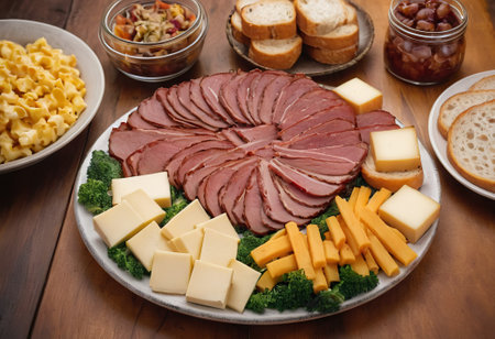 A rustic wooden board showcases the mouthwatering combination of thinly sliced smoked meat and assorted cheeses. The vibrant colors and textures create a visually appealing arrangement, perfect for a charcuterie spread or as an appetizing accompaniment to wine.の素材