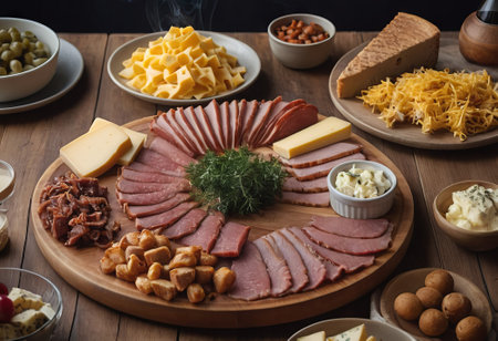 A rustic wooden board showcases the mouthwatering combination of thinly sliced smoked meat and assorted cheeses. The vibrant colors and textures create a visually appealing arrangement, perfect for a charcuterie spread or as an appetizing accompaniment to wine.の素材